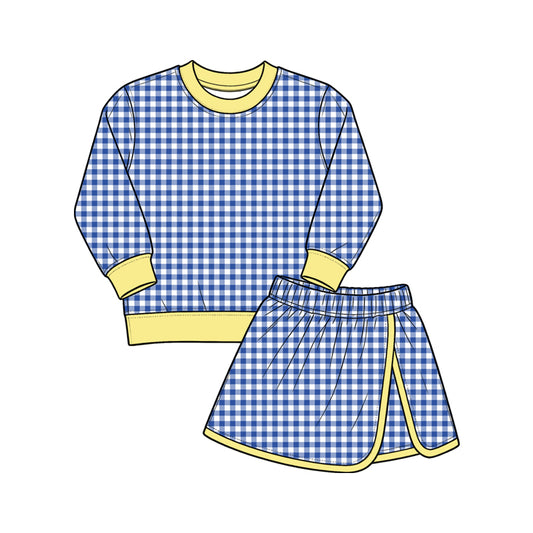 preorder GLD1798 Yoga Navy Blue Checkered Long Sleeve Skorts Girls Set