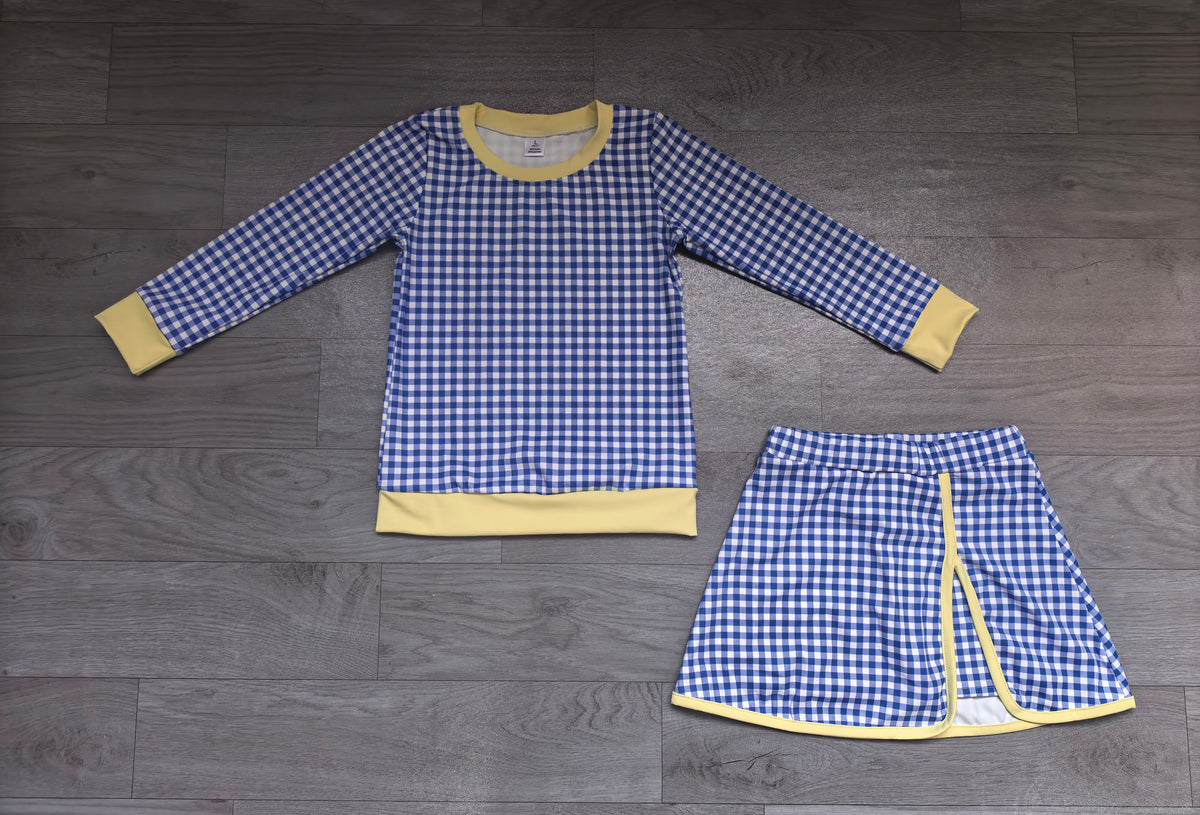 preorder Samples GLD1798 Yoga Navy Blue Checkered Long Sleeve Skorts Girls Set