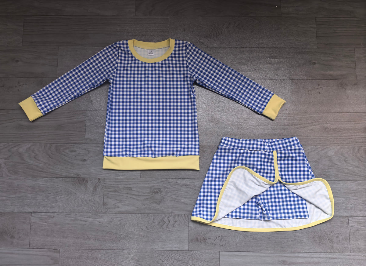 preorder Samples GLD1798 Yoga Navy Blue Checkered Long Sleeve Skorts Girls Set