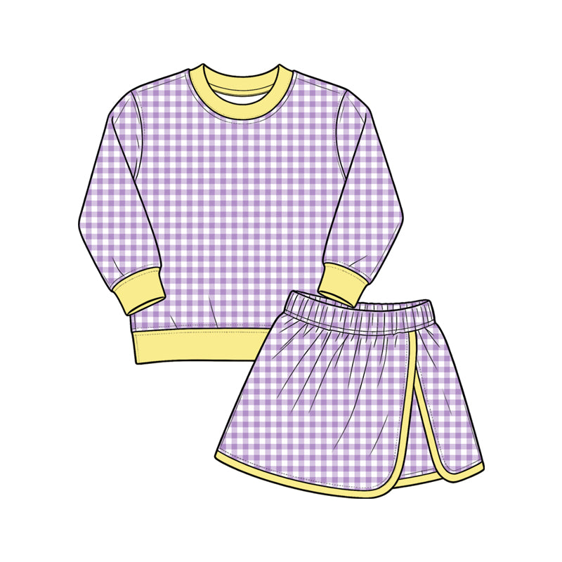 preorder GLD1799 Yoga Navy Blue Checkered Long Sleeve Skorts Girls Set