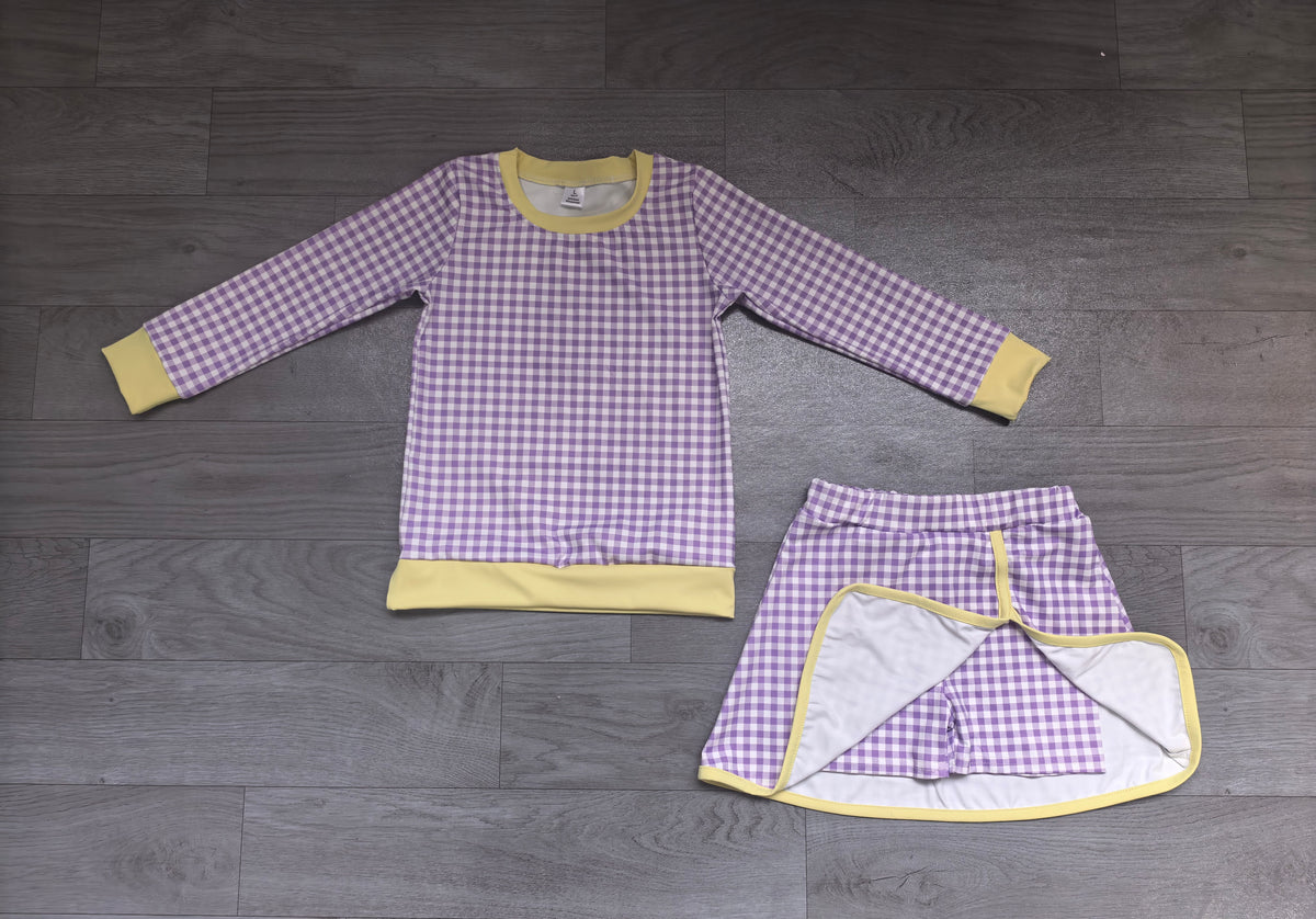 preorder Samples GLD1799 Yoga Navy Blue Checkered Long Sleeve Skorts Girls Set