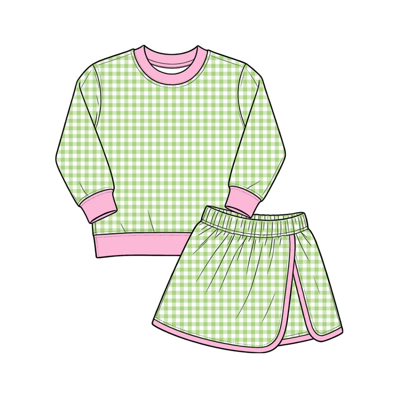 preorder GLD1800 Yoga Green Checkered Long Sleeve Skorts Girls Set