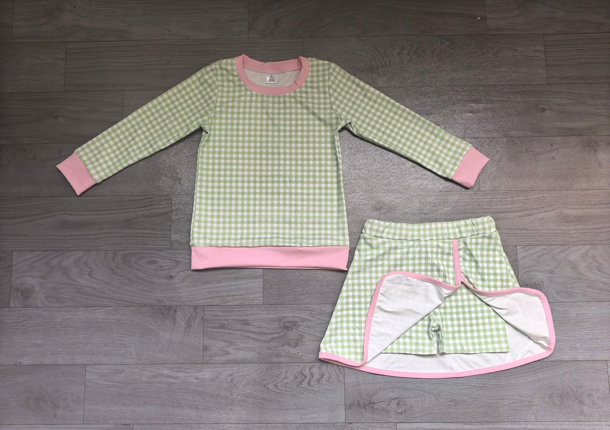 preorder Sampels GLD1800 Yoga Green Checkered Long Sleeve Skorts Girls Set