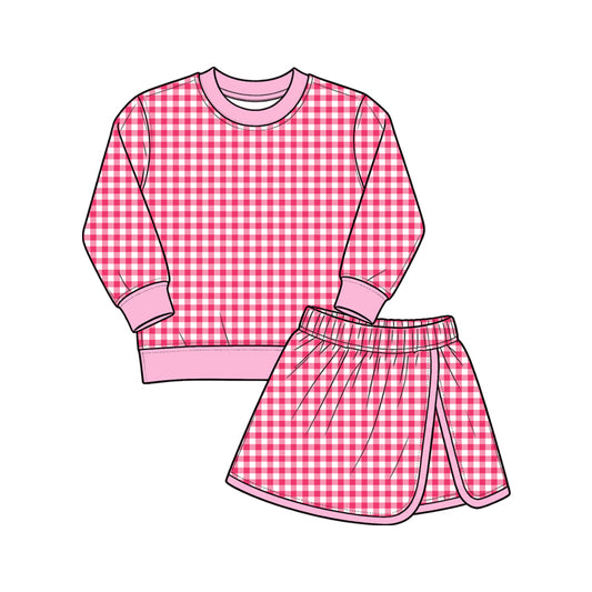 preorder GLD1801 Yoga Hot Pink Checkered Long Sleeve Skorts Girls Set