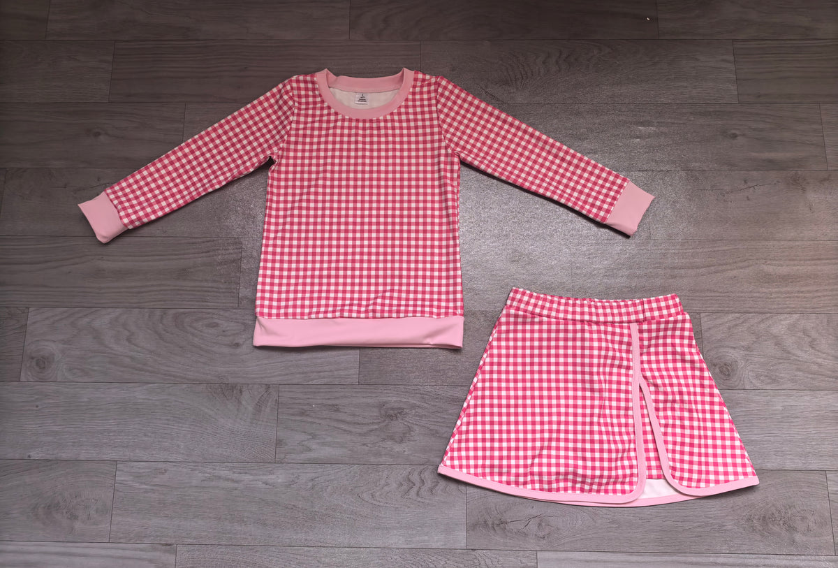 preorder Samples GLD1801 Yoga Hot Pink Checkered Long Sleeve Skorts Girls Set