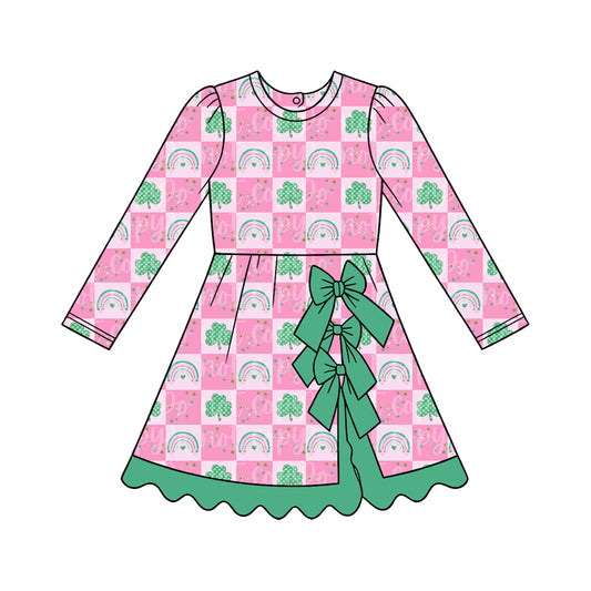 preorder GLD1819 Yoga St Patrick Clover Bows Skorts Long Sleeve Girls Dress