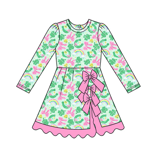 preorder GLD1820 Yoga St Patrick Clover Bows Skorts Long Sleeve Girls Dress