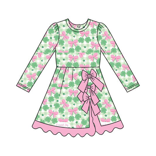 preorder GLD1821 Yoga St Patrick Clover Bows Skorts Long Sleeve Girls Dress