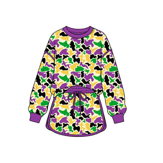 preorder GLD1822 Mardi Gras Camo Long Sleeve Skorts Girls Set