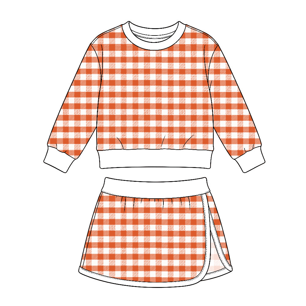 preorder GLD1834 Orange Checkered Long Sleeve Skorts Girls Set