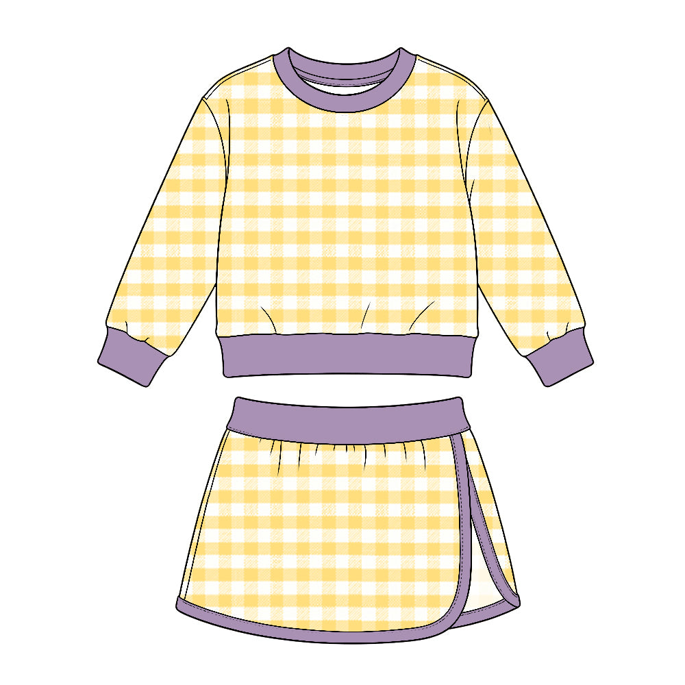 preorder GLD1835 Yellow Checkered Long Sleeve Skorts Girls Set