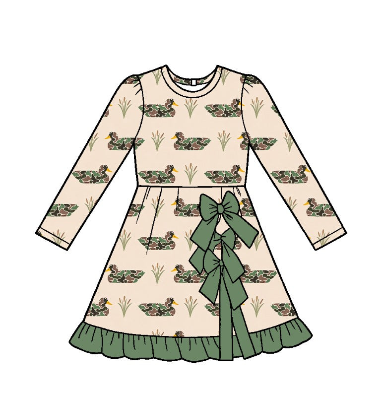 preorder GLD1838 Yoga Mallard Duck Camo Bows Long Sleeve Girls Dress