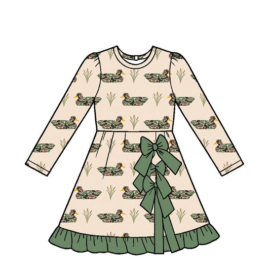 preorder GLD1838 Yoga Mallard Duck Camo Bows Long Sleeve Girls Dress
