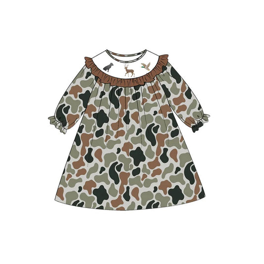 preorder GLD1840 Hunting Dog Mallard Dog Camo Long Sleeve Girls Dress