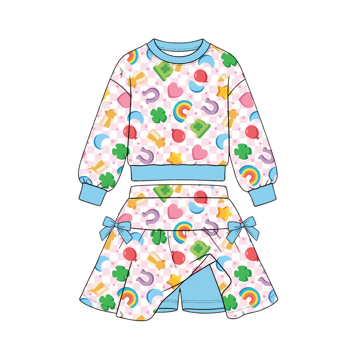 preorder GLD1848 St Patrick Clover Rainbow Long Sleeve Skorts Girls Set