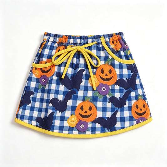 preorder GLK0333 Yoga Halloween Pumpkin Blue Checkered Skorts Girls Skirt
