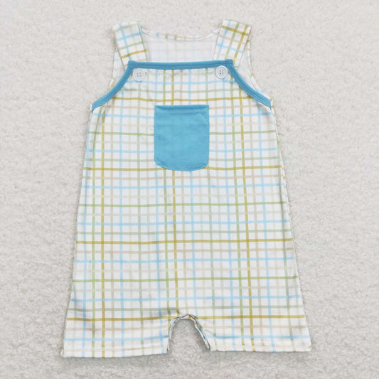 SR0650 Green checkered blue pocket sleeveless boys romper