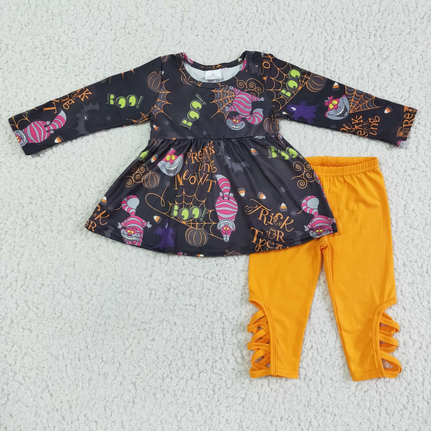 GLP0048 Halloween cat BOO black long sleeve orange pants girls set