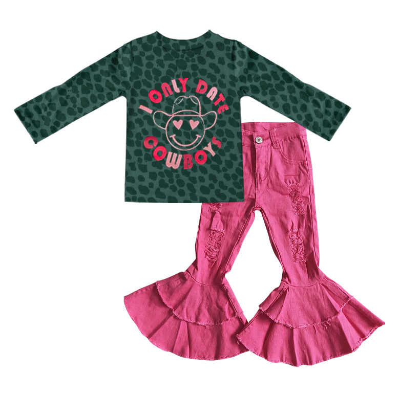 GLP0445 I ONLY DATE Green Leopard Top Hot Pink Denim Jeans Girls Set