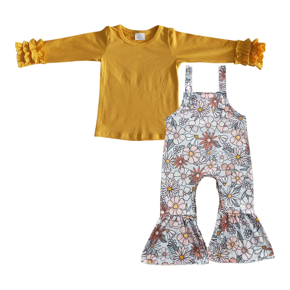 GLP0463 Yellow Long Sleeves Top Colorful Flowers Jumpsuits Girls Set