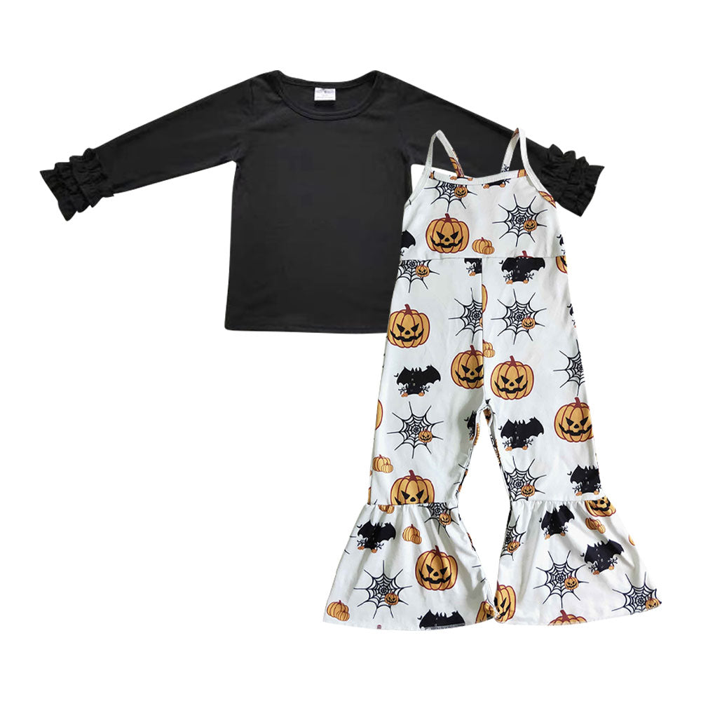 GLP0464 Halloween Black Long Sleeves Top Pumpkin Jumpsuits Girls Set