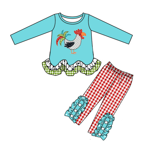 preorder GLP0468 Colorful Cock Blue Long Sleeves Red Cell Pants Girls Set