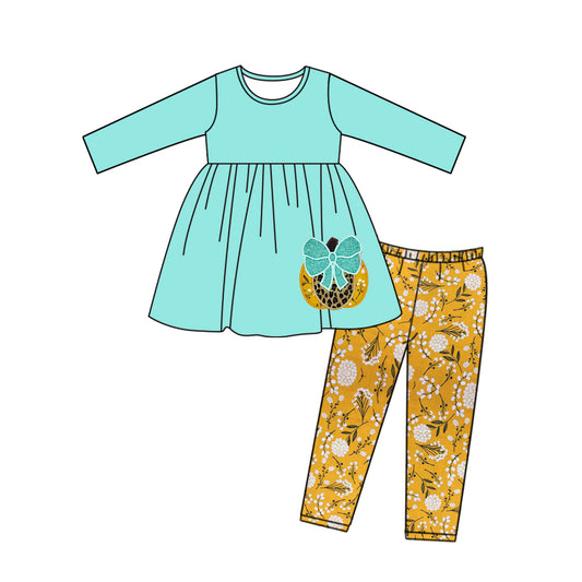 preorder GLP0469 Pumpkin Blue Long Sleeves Yellow Flowers Pants Girls Set