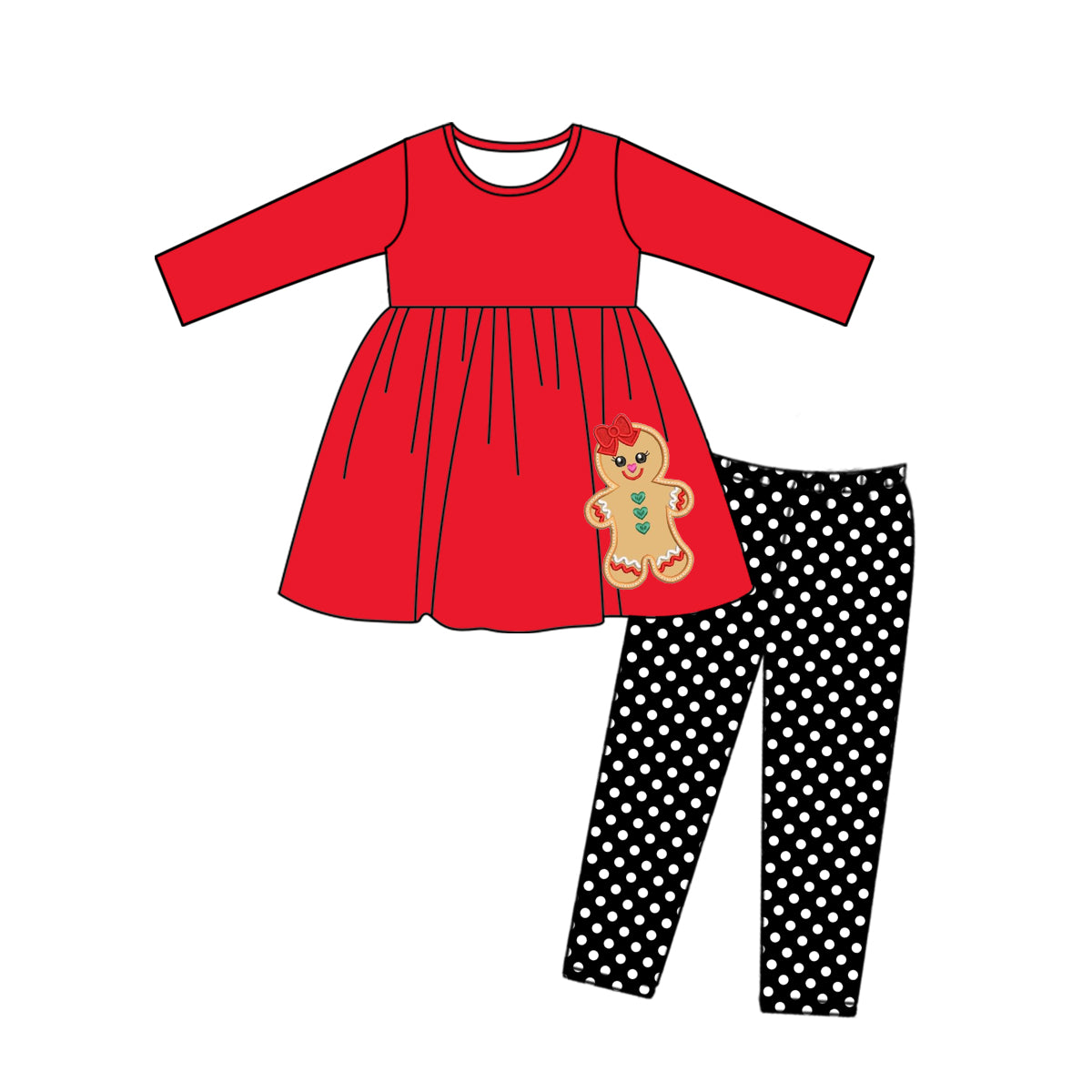 preorder GLP0470 Christmas Gingerbread Man Red Long Sleeves Black Dot Pants Girls Set