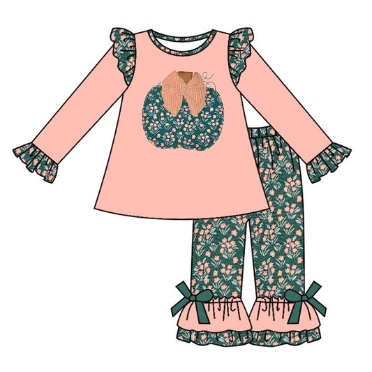 preorder GLP0471 Pumpkin Pink Long Sleeves Green Flowers Pants Girls Set