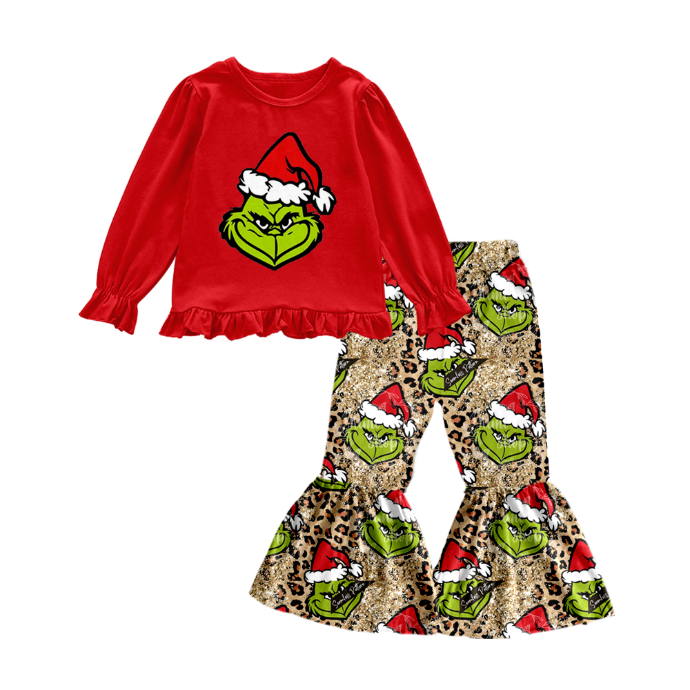 preorder GLP0495 Christmas Green Face Red Long Sleeves Green Pants Girls Clothes