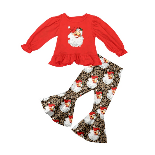 preorder GLP0496 Christmas Santa Claus Red Long Sleeves Leopard Pants Girls Clothes