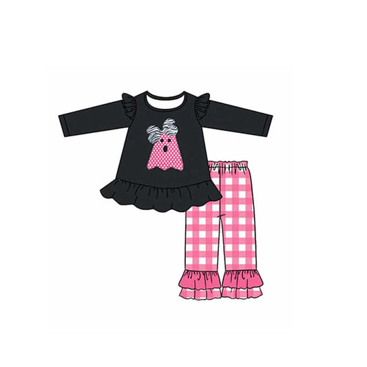 preorder GLP0504 Halloween Pink Ghost Black Long Sleeves Plaid Print Pants Girls Clothes