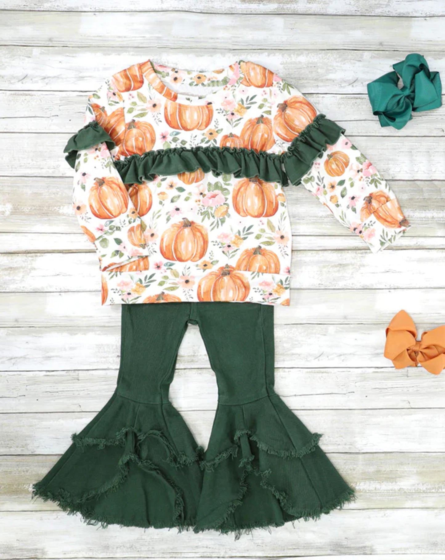 pre-order GLP0519 Autumn Pumpkin Orange Long Sleeves Green Denim Jeans Girls Clothes