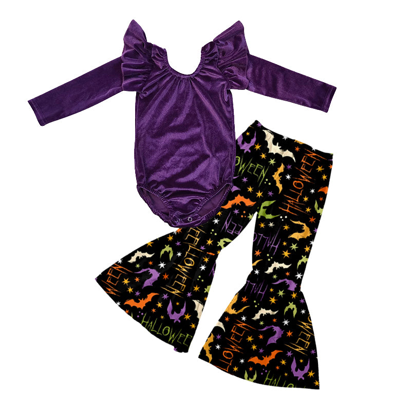 preorder GLP0524 Halloween Purple Velvet Flutter Long Sleeve Leotard Black Pants Girls Clothes