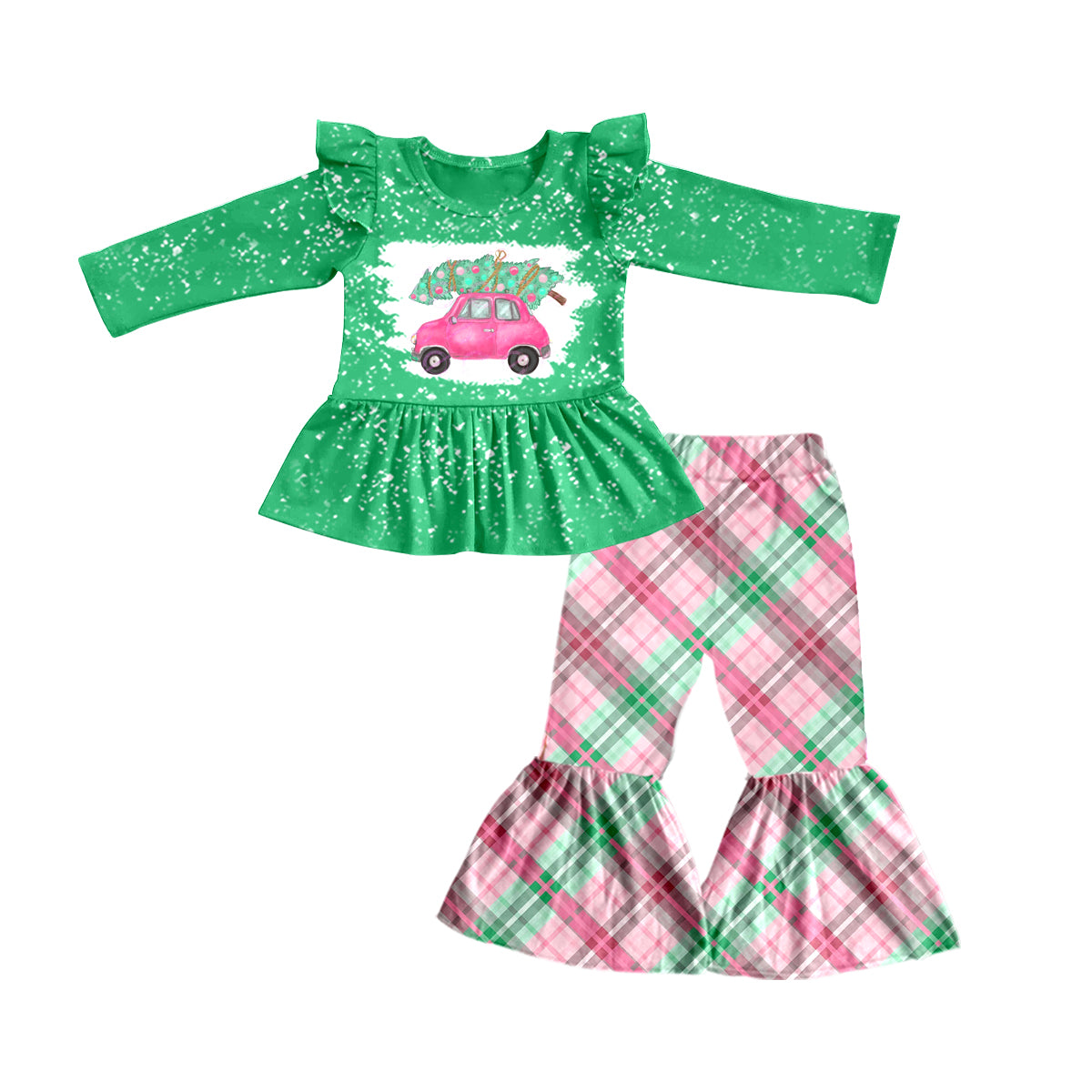 preorder GLP0525 Christmas Tree Car Green Long Sleeves Pink Stripe Pants Girls Clothes