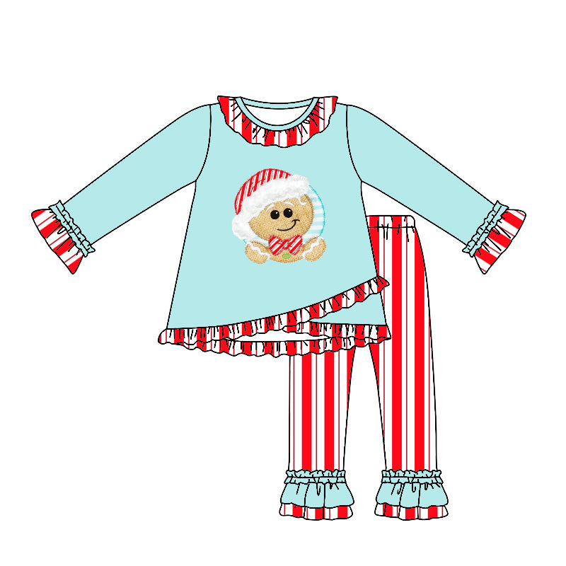 preorder GLP0526 Christmas Gingerbread Man Blue Long Sleeves Red Striped Pants Girls Clothes