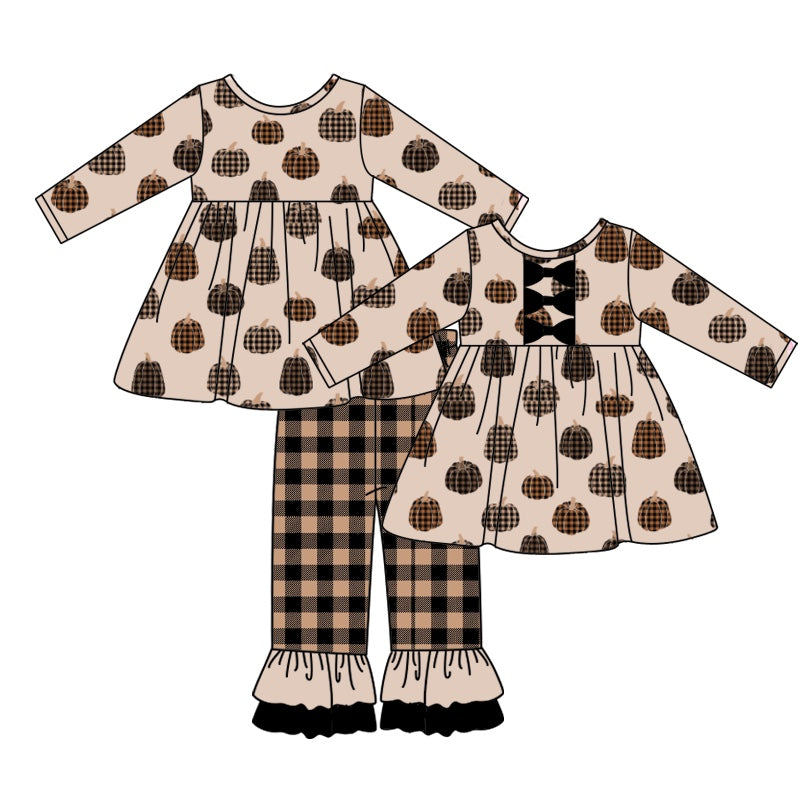 preorder GLP0533 Pumpkin Brown Long Sleeves Plaid Print Pants Girls Clothes