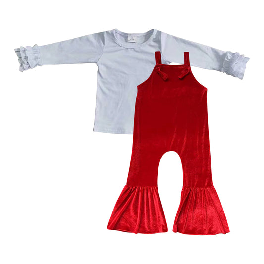 preorder GLP0557 White Long Sleeves Red Velvet Jumpsuit Girls Clothes