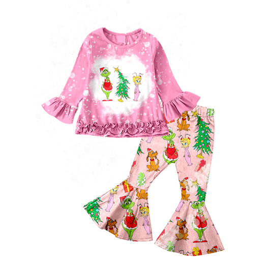 preorder GLP0575 Christmas Green Face Cartoon Long Sleeve Pink Pants Girls Clothes