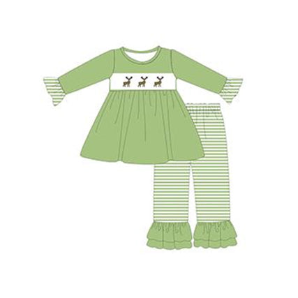 preorder GLP0589 Christmas Deer Green Long Sleeve Striped Pants Girls Set