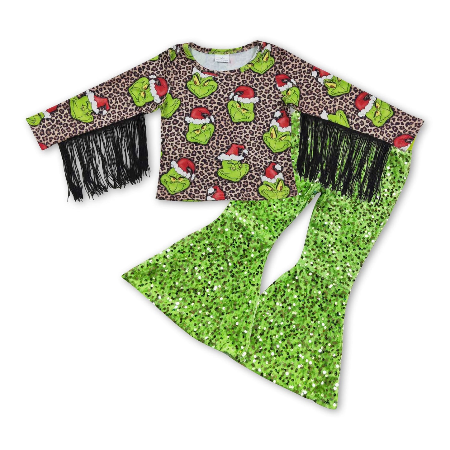 GLP0602 Christmas Green Face Leopard Tassels Top Green Sequin Pants Girls Set