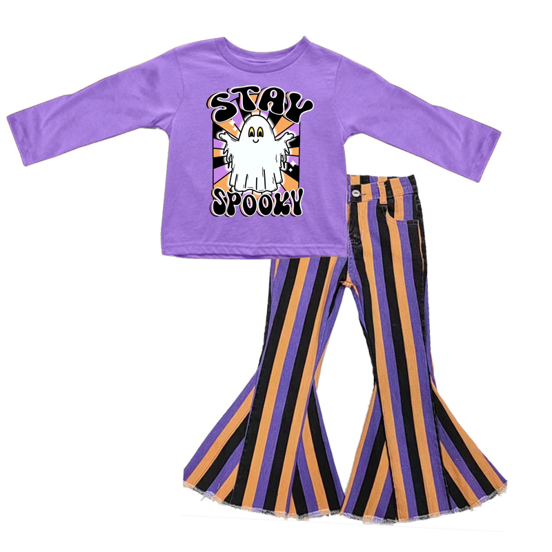 preorder GLP0612 Halloween Spooky Purple Long Sleeve Striped Denim Jeans Girls Set Kids Clothes