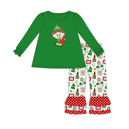 preorder GLP0615 Christmas Cartoon Green Girls Long Sleeve Pants Kids Clothes