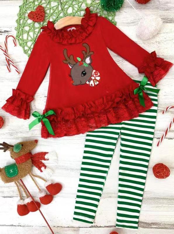 preorder GLP0616 Christmas Deer Red Long Sleeve Green Pants Girls Set Girls Clothes