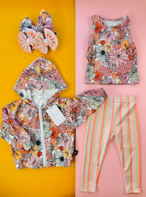 preorder GLP0617 3 Pcs Colorful Flowers Top Striped Pants Girls Clothes