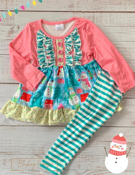 preorder GLP0620 Christmas Snowman Pink Long Sleeve Green Striped Girls Set Kids Clothes