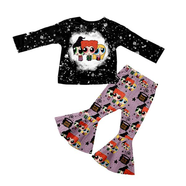 preorder GLP0621 Cartoon Black Long Sleeve Purple Pants Girls Set Kids Clothes