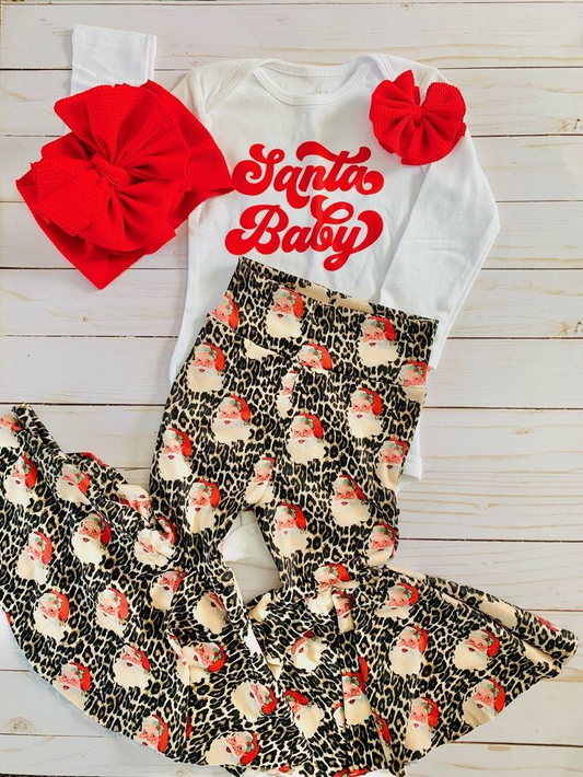 preorder GLP0627 Christmas Santa Baby Long Sleeve Leopard Pants Girls Set Kids Clothes