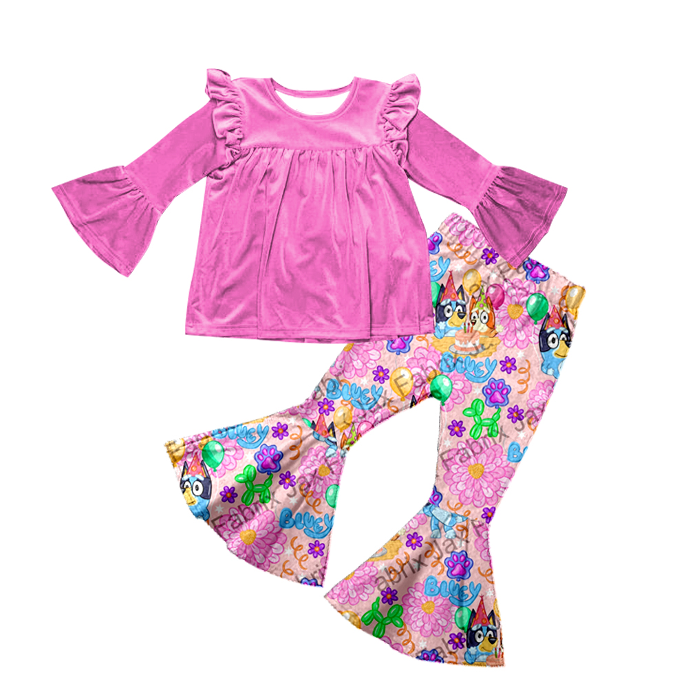 preorder GLP0635 Birthday cartoon dog pink long sleeve pants girls set kids clothes