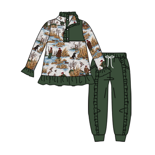 preorder GLP0645 Hunt paddy duck long sleeve green pants girls set kids clothes